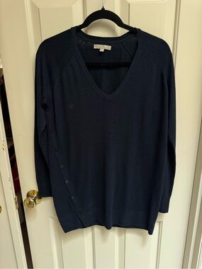 Joan Vass Navy V-Neck Button-Trim Sweater